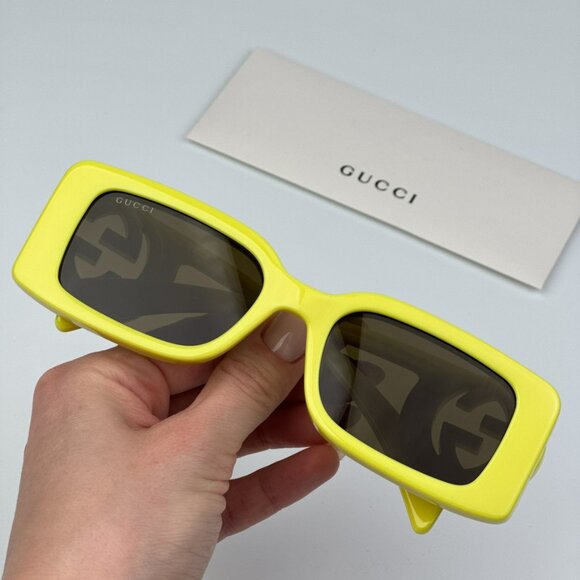 Gucci GG1325S 007 BRAND NEW Sunglasses Acid Yellow Brown Rectangle Unisex - Picture 1 of 11